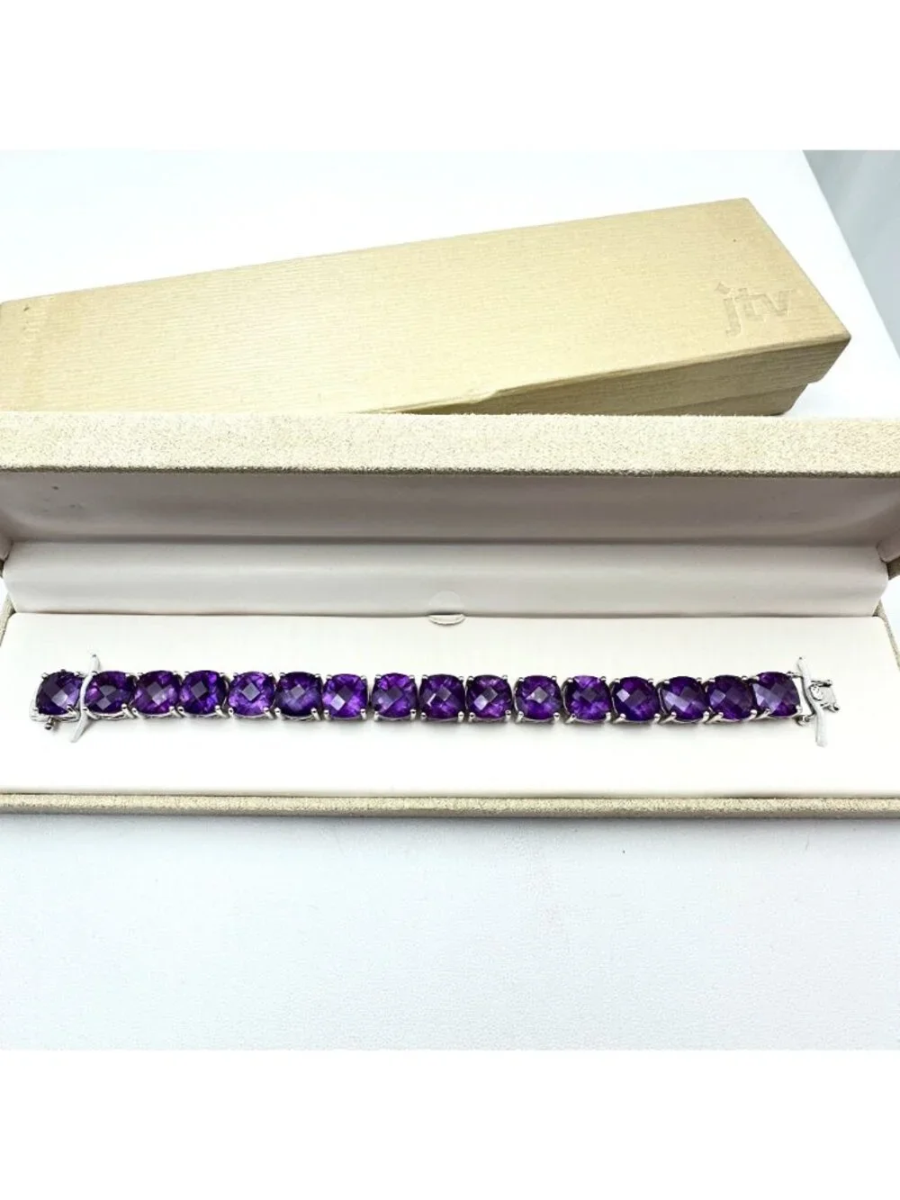 African Amethyst Sterling Silver Bracelet 55 Carats Cushion Cut Checkerboard